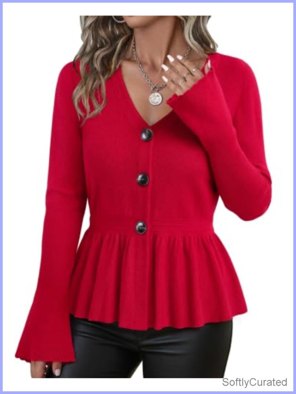 Women's Open Front Peplum Cardigan Long Sleeve Ribbed Knit Button Sweater